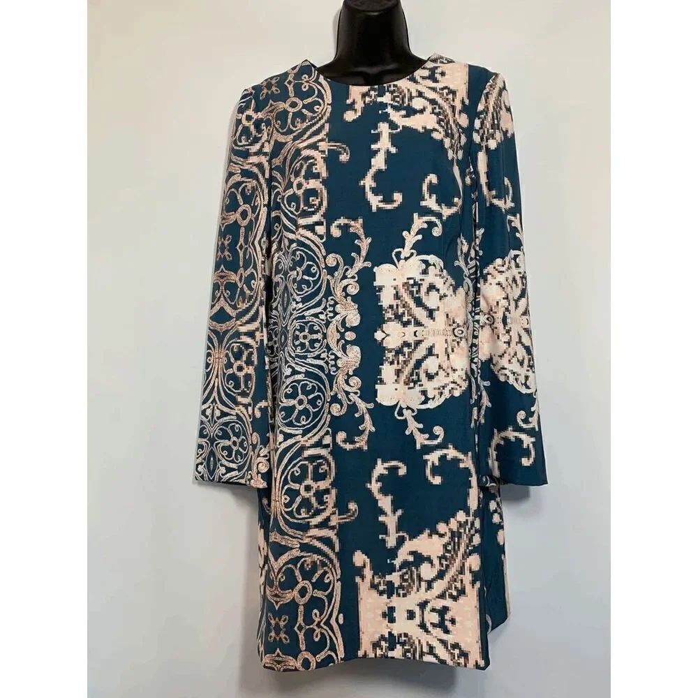 Nanette Lepore Womens Midi Dress Casual Long Sleeve Abstract Blue Size 10